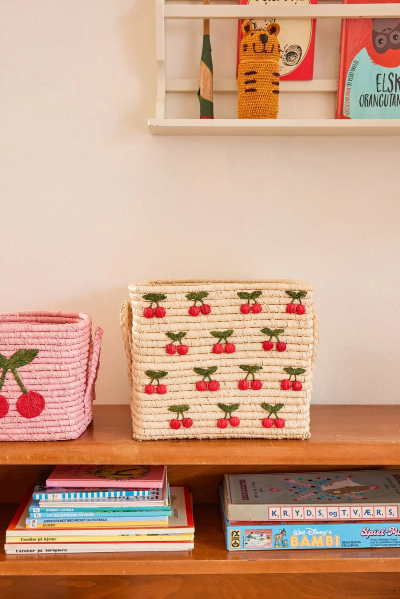 Rice by Rice Square Raffia Basket - Natural - Small Cherries All Over Design