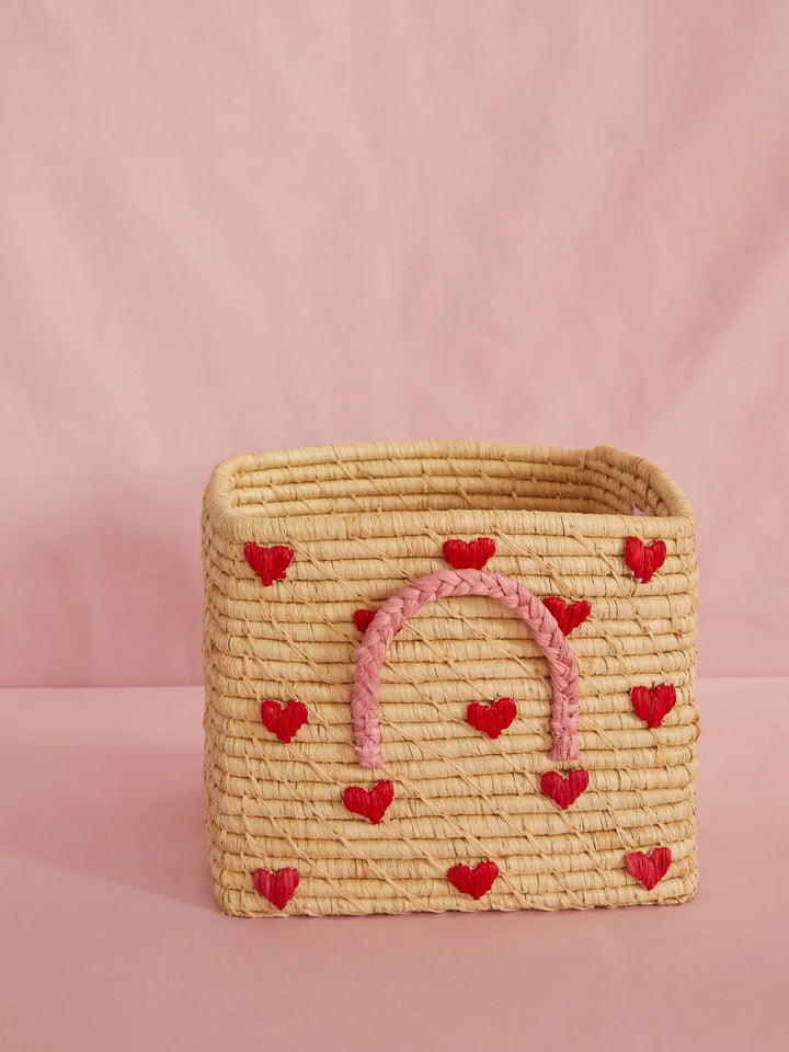 Rice by Rice Square Raffia Storage Basket - Natural - Hearts