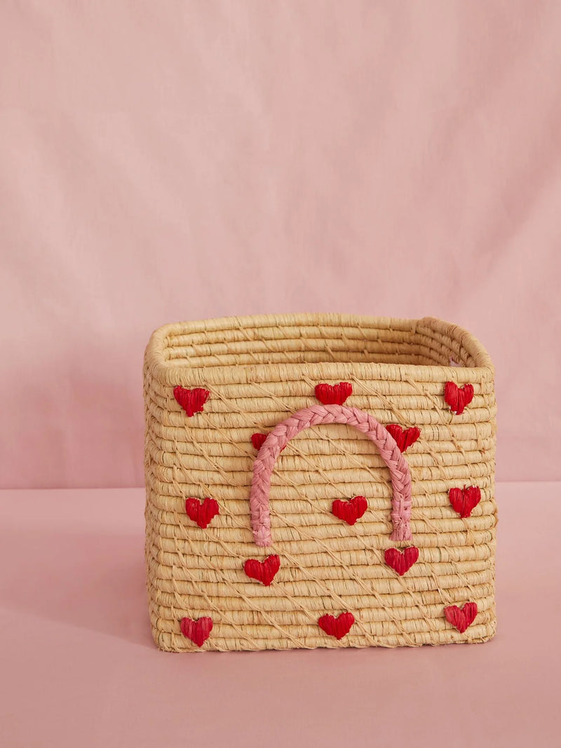 Rice by Rice Square Raffia Storage Basket - Natural - Hearts