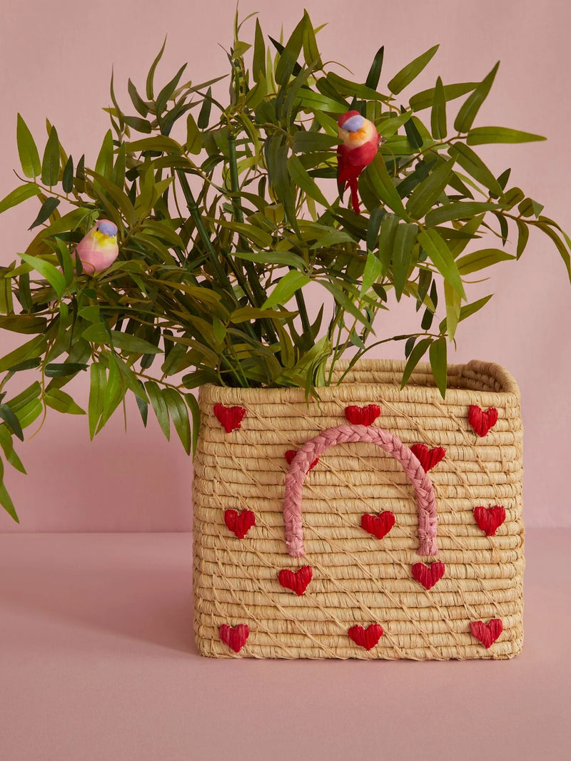 Rice by Rice Square Raffia Storage Basket - Natural - Hearts