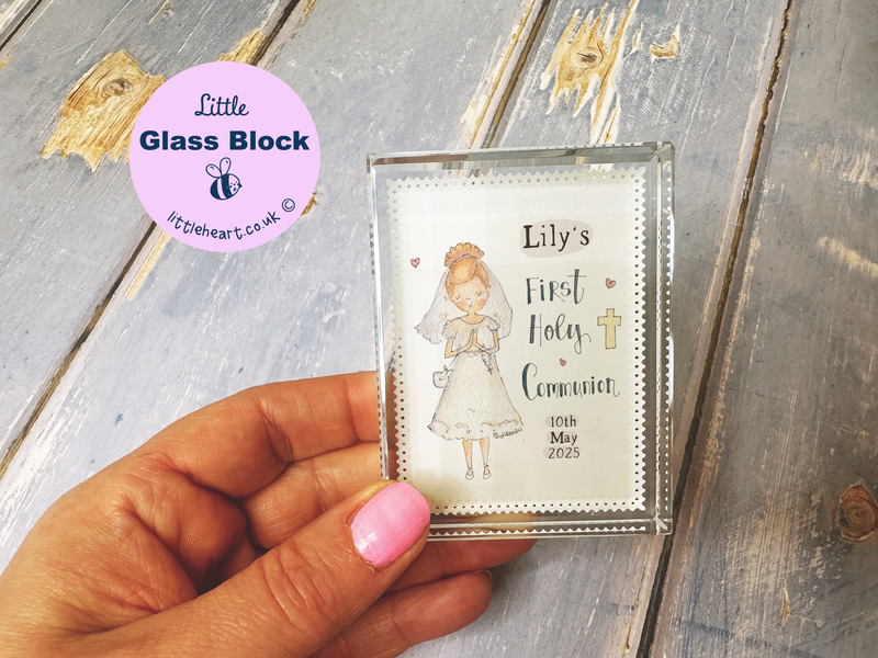 Cute Girl First Holy Communion Personalised Glass Block Keepsake