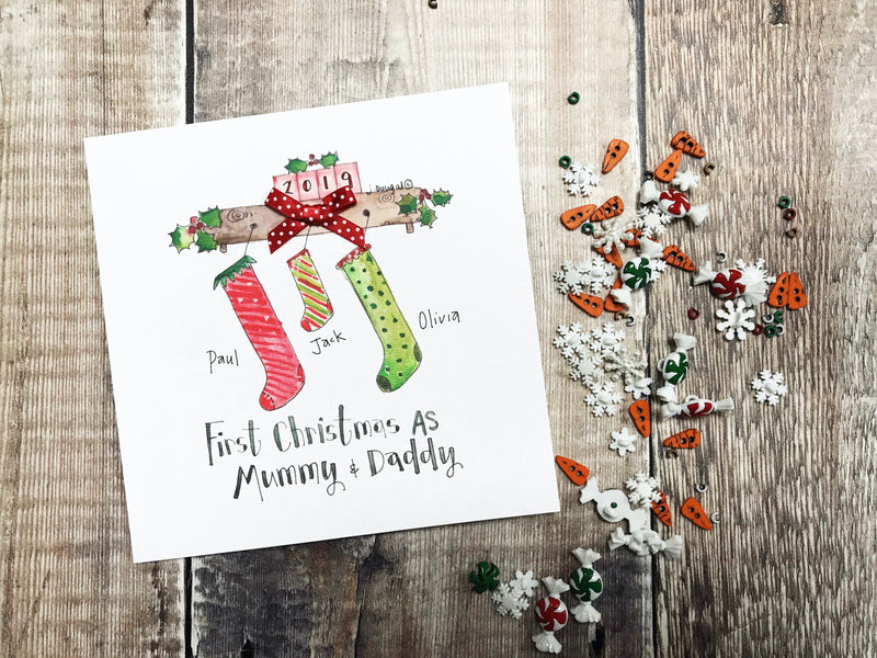 "First Christmas Stockings Mummy and Daddy" Christmas Card - Personalised