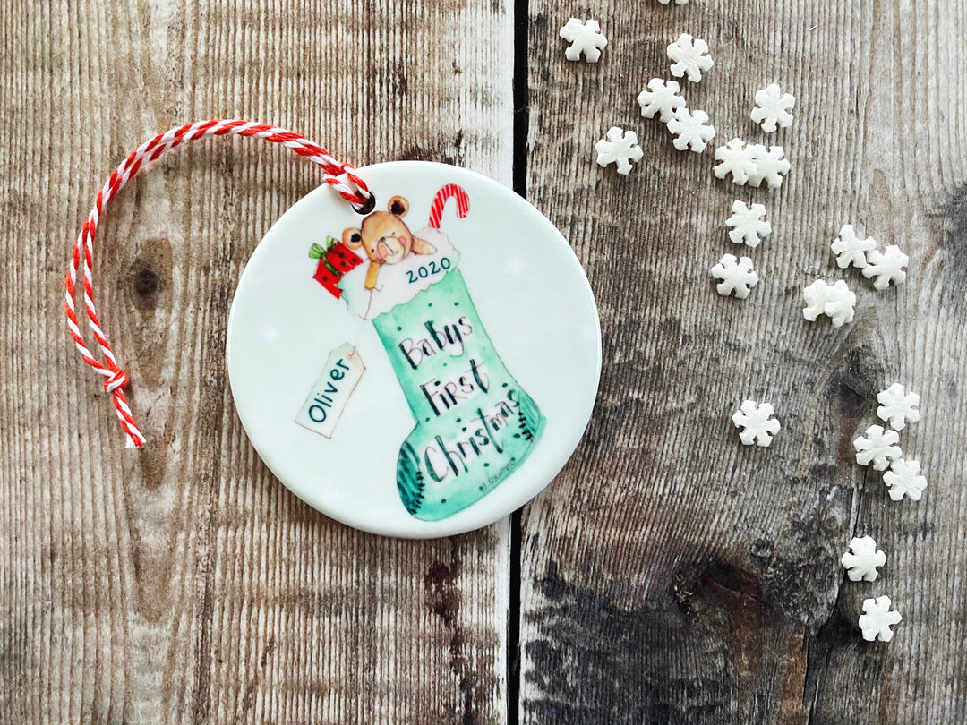 First Christmas Stocking Blue Ceramic circle