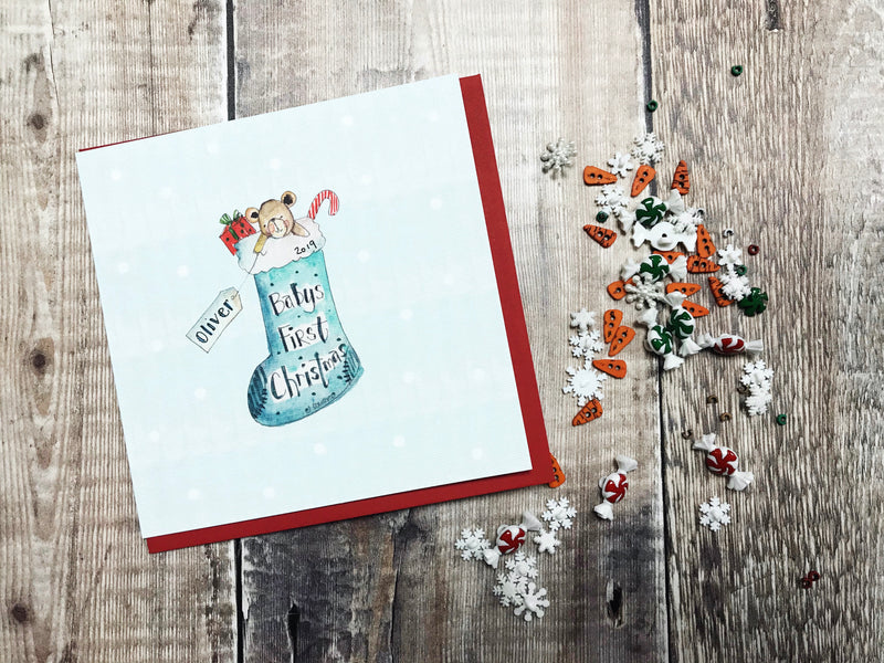 "First Christmas Baby Boy Stocking" Christmas Card - Personalised