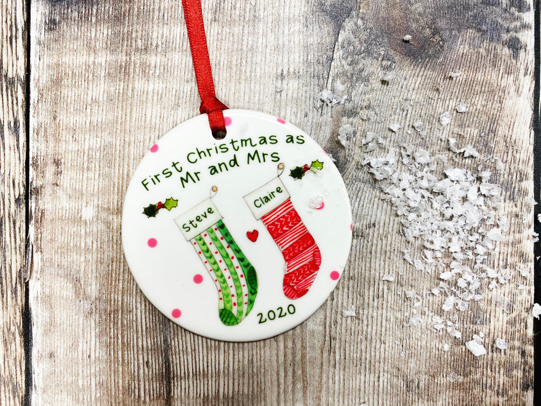 2 Stocking Christmas Ceramic Bauble
