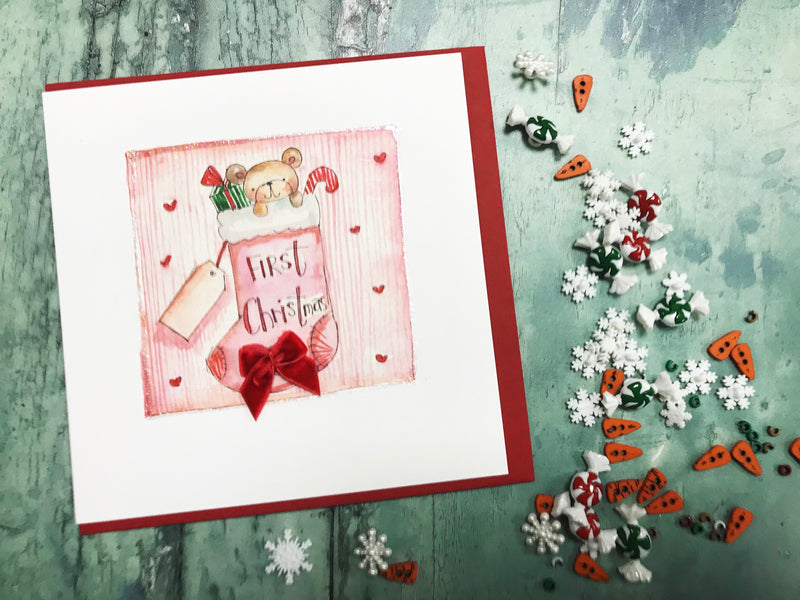 "First Christmas Baby Girl Stocking" Christmas Card - Personalised