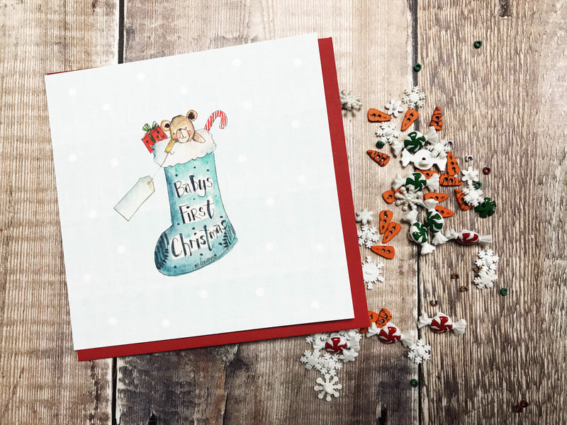 "First Christmas Baby Boy Stocking" Christmas Card - Personalised