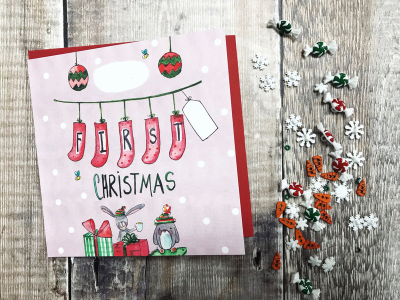 "First Christmas Baby Girl" Christmas Card - Personalised