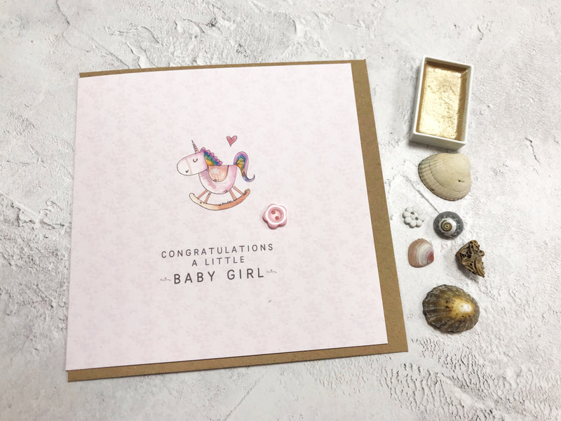 Baby Girl Card - Rocking Unicorn - Personalised