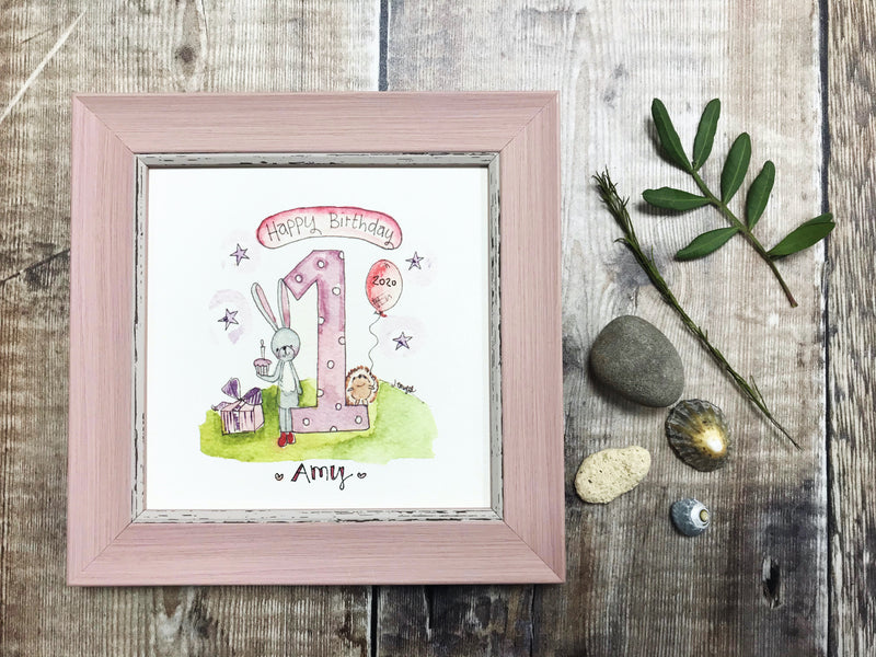 Little Framed Print "Pink first birthday" can be personalised