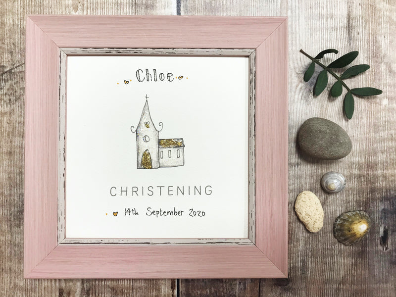 Little Framed Print "Glitter Christening Church" can be personalised
