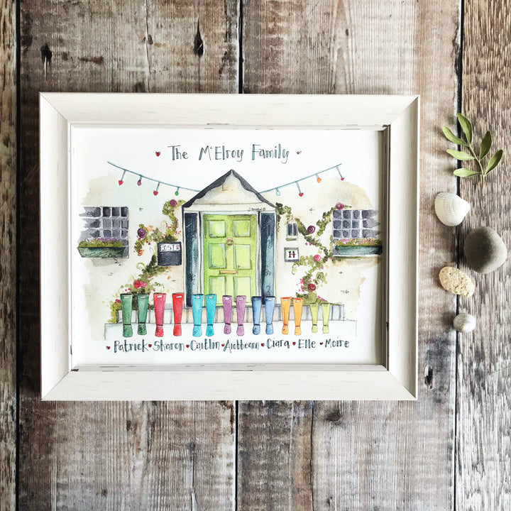 Green Front Door with Wellies Personalised Print