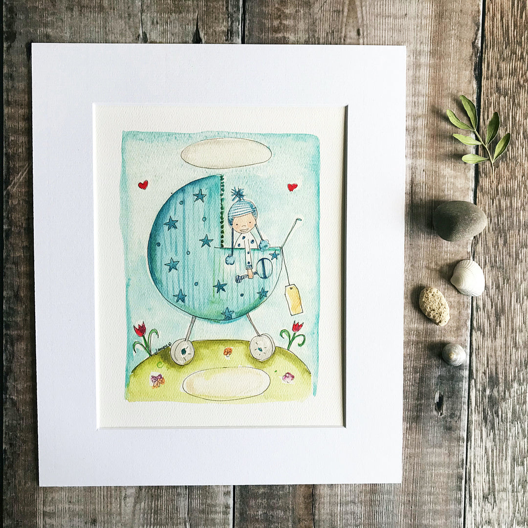 "Baby Boy Pram" Personalised Print