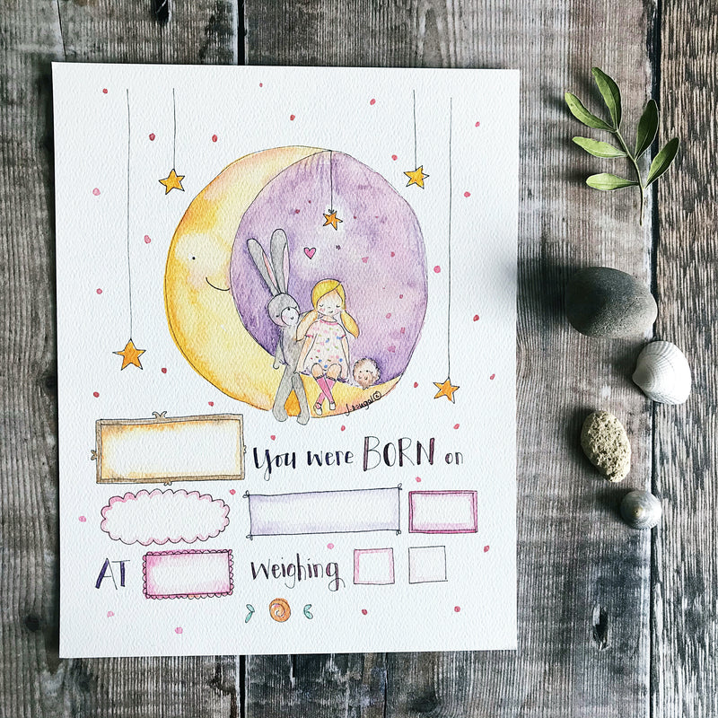 "Baby Girl Moon" Personalised Print