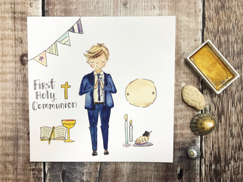 First Holy Communion New Standing Blonde Hair, Little Boy Card - Personalised