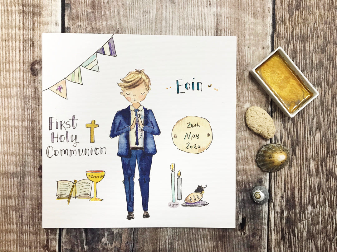 First Holy Communion New Standing Blonde Hair, Little Boy Card - Personalised
