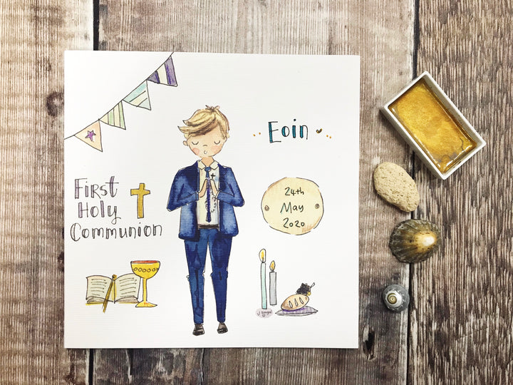 First Holy Communion New Standing Blonde Hair, Little Boy Card - Personalised