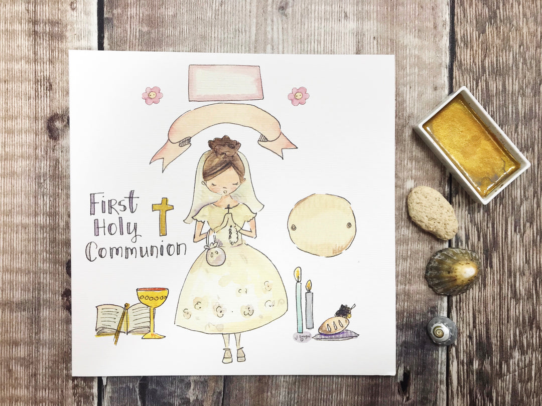 First Holy Communion New Dark Hair, Little Girl Card - Personalised