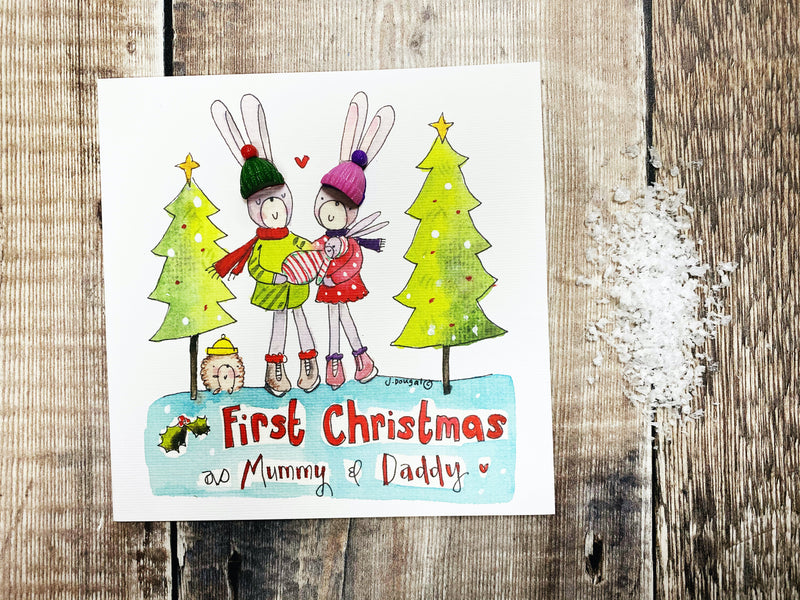 "First Christmas as Mummy and Daddy Bunnies" Christmas Card - Personalised