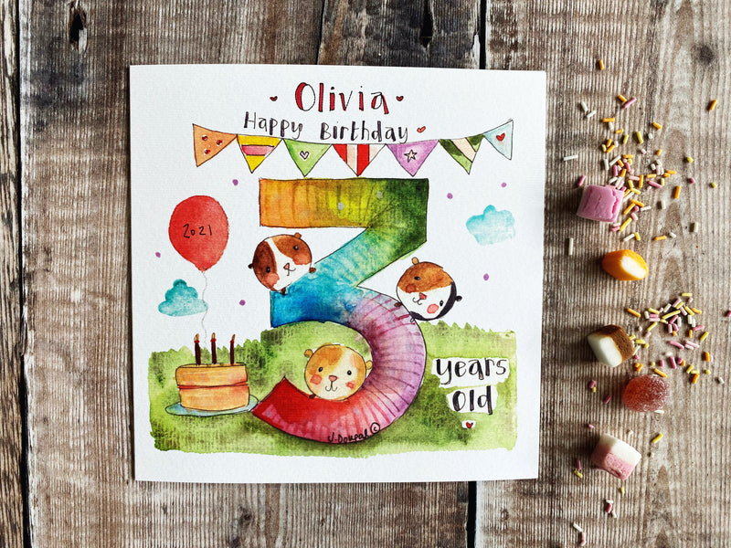 Guinea Pigs 3rd Birthday Card - Personalised