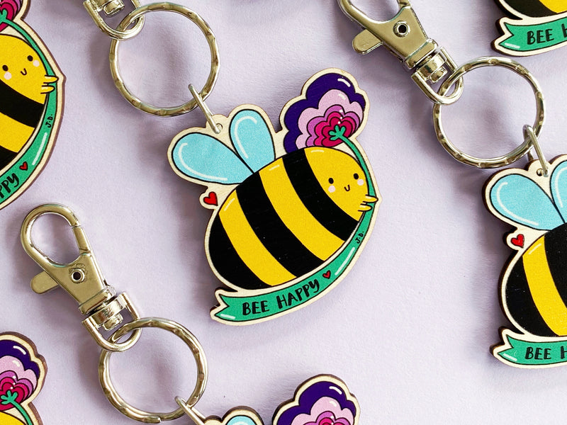 Bee Happy Wooden Keyring