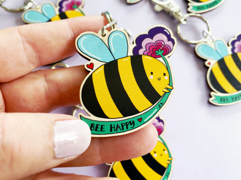 Bee Happy Wooden Keyring