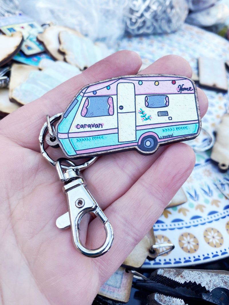 Little Pink Caravan Wooden Keyring