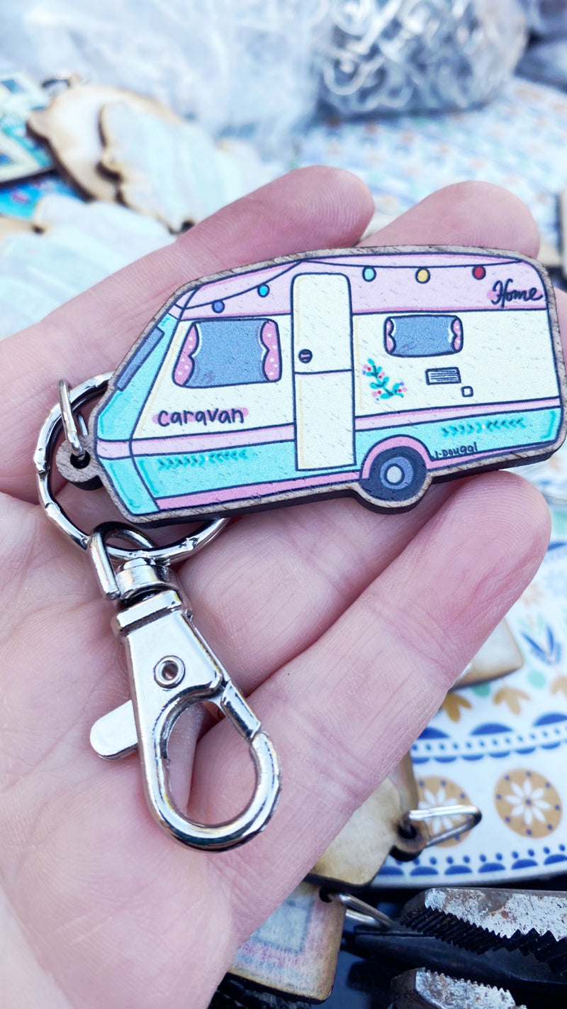 Little Pink Caravan Wooden Keyring