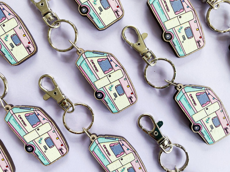 Little Pink Caravan Wooden Keyring