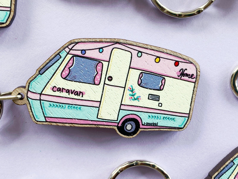 Little Pink Caravan Wooden Keyring