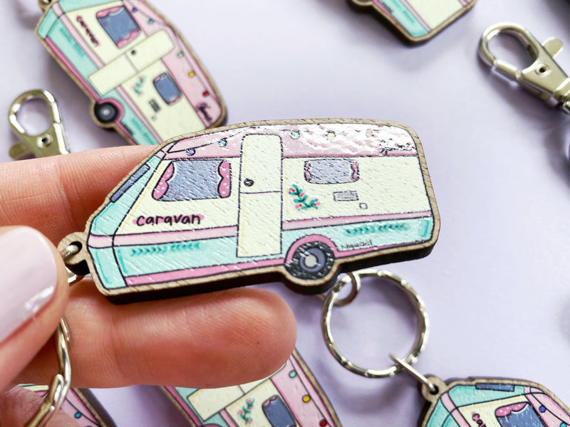 Little Pink Caravan Wooden Keyring