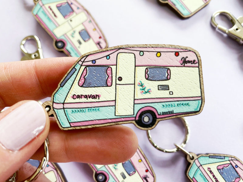 Little Pink Caravan Wooden Keyring