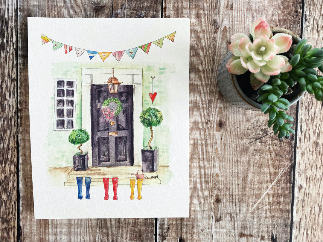 Black Front Door with Wellies Personalised Print