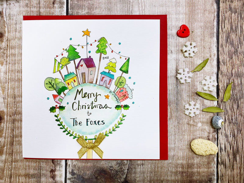 Merry Little Houses Christmas Card - Personalised