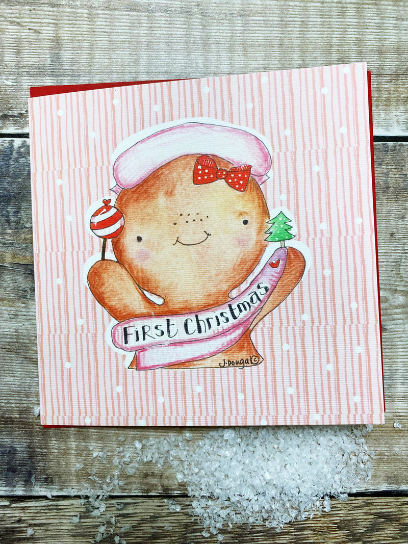 "First Christmas Baby Girl Gingerbread" Christmas Card - Personalised