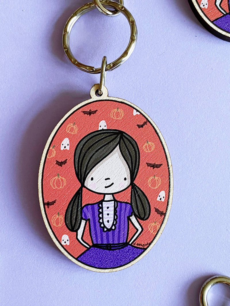 Spooky Girl Wooden Keyring