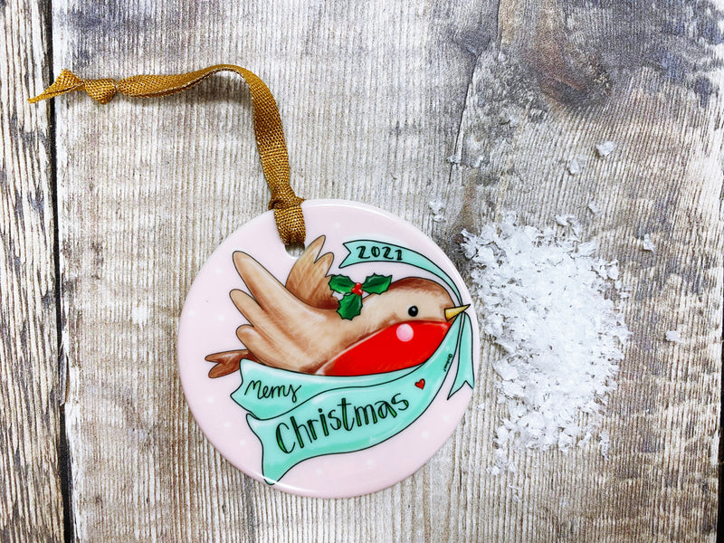 Merry Christmas Robin Christmas Ceramic Decoration (not personalised)