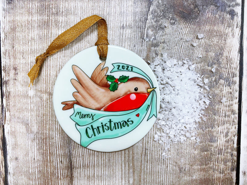 Merry Christmas Robin Christmas Ceramic Decoration (not personalised)