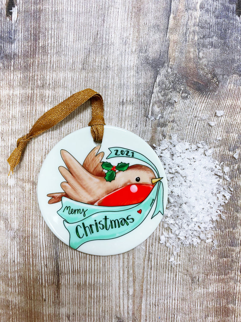 Merry Christmas Robin Christmas Ceramic Decoration (not personalised)