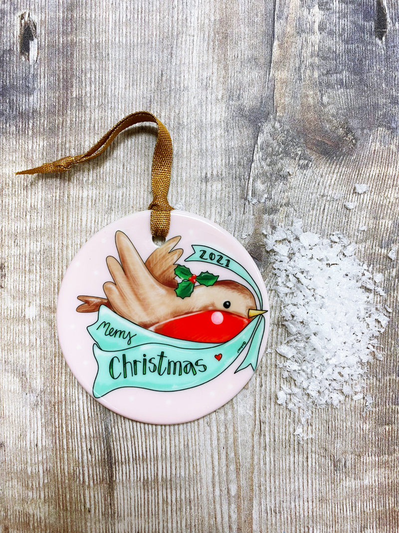 Merry Christmas Robin Christmas Ceramic Decoration (not personalised)