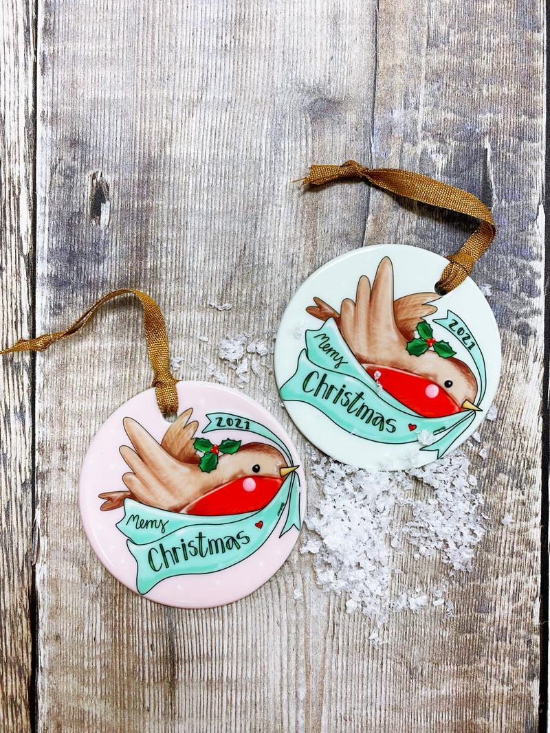 Merry Christmas Robin Christmas Ceramic Decoration (not personalised)