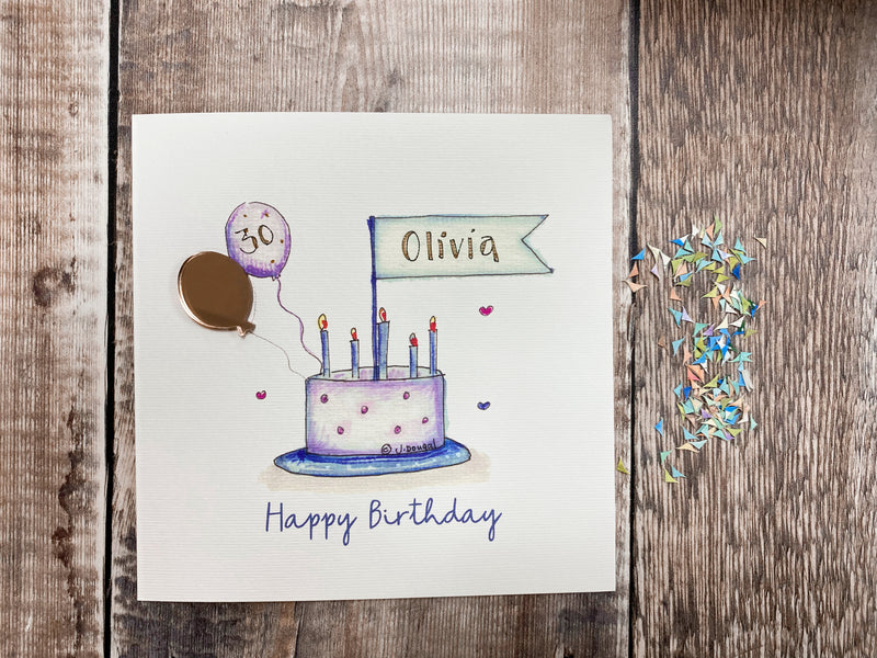 "Happy Birthday Balloon Cake" Laser embellished Card - Personalised