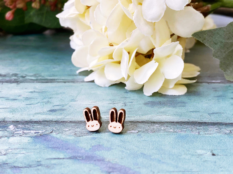 Tiny Wooden Bunny Earrings Hypoallergenic