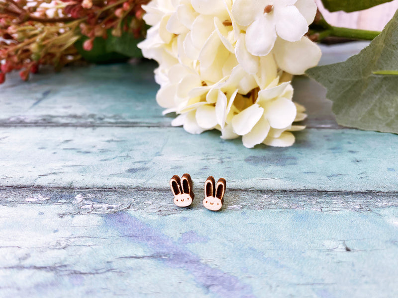 Tiny Wooden Bunny Earrings Hypoallergenic