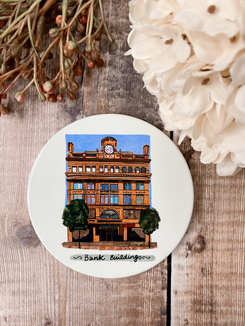 Bank Buildings Round Ceramic Coaster