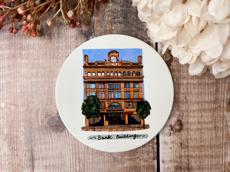 Bank Buildings Round Ceramic Coaster