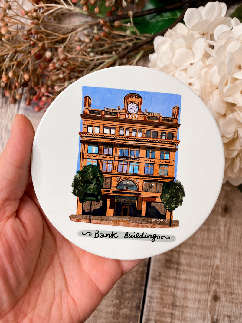 Bank Buildings Round Ceramic Coaster