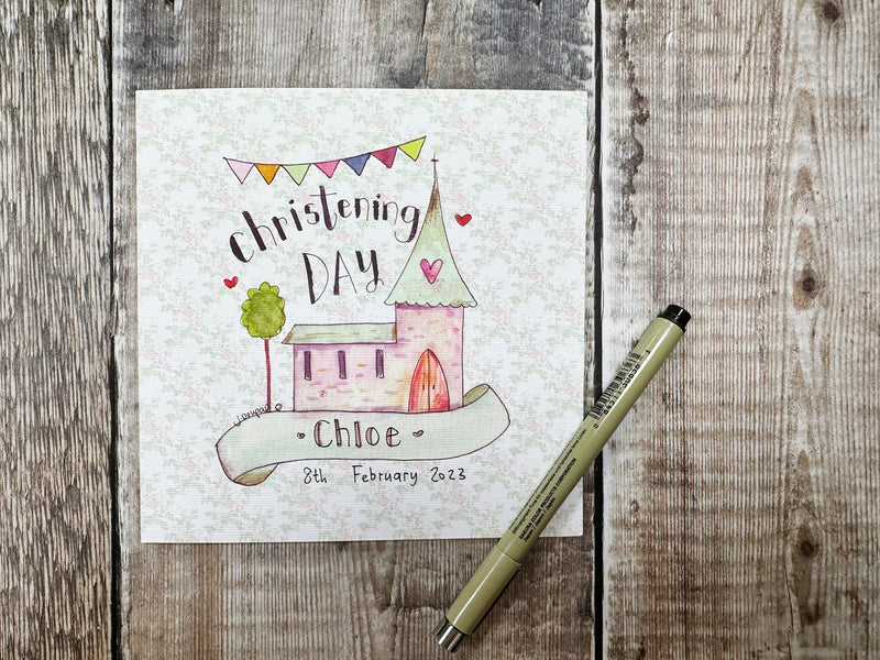 Floral Background Christening Day Little Church Card- Personalised