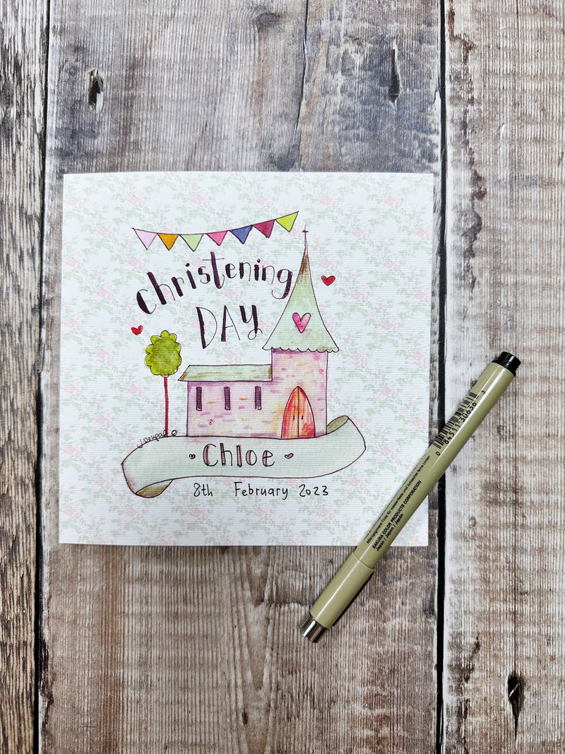 Floral Background Christening Day Little Church Card- Personalised