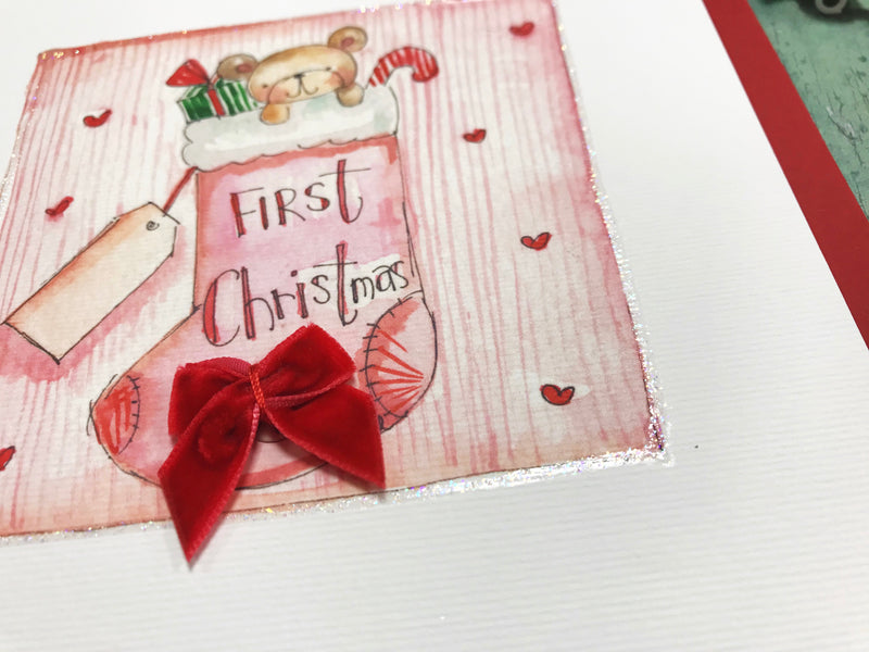 "First Christmas Baby Girl Stocking" Christmas Card - Personalised